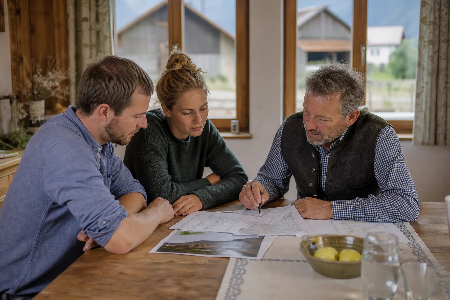 Familie bespricht am Tisch die Zukunft eines landwirtschaftlichen Betriebs